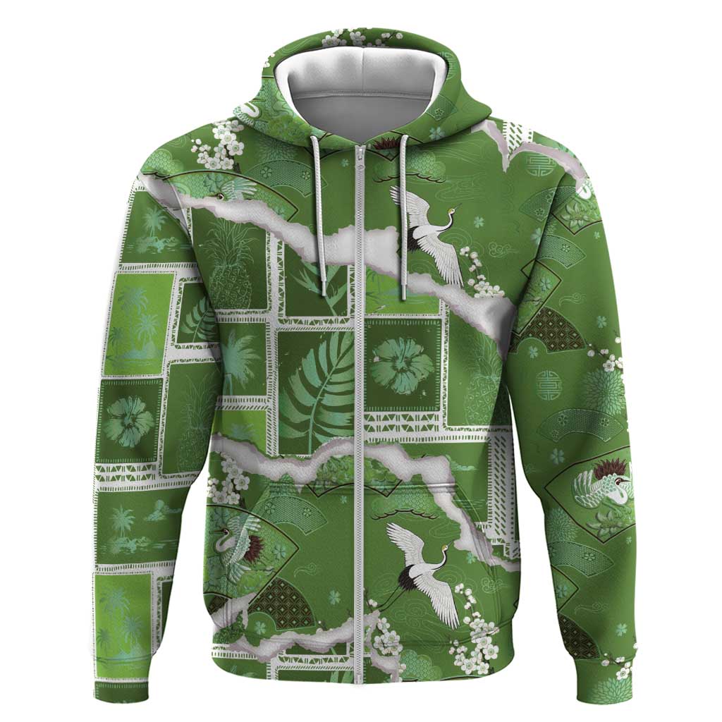 Hawaii Japanese Culture Sage Green Hoodie Spring Cranes Aloha Pattern