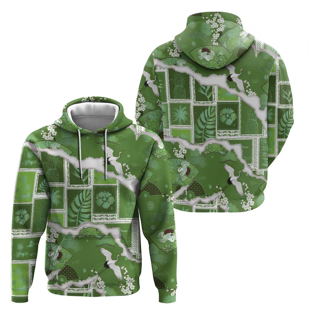 Hawaii Japanese Culture Sage Green Hoodie Spring Cranes Aloha Pattern