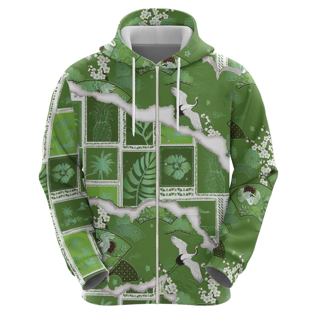 Hawaii Japanese Culture Sage Green Hoodie Spring Cranes Aloha Pattern