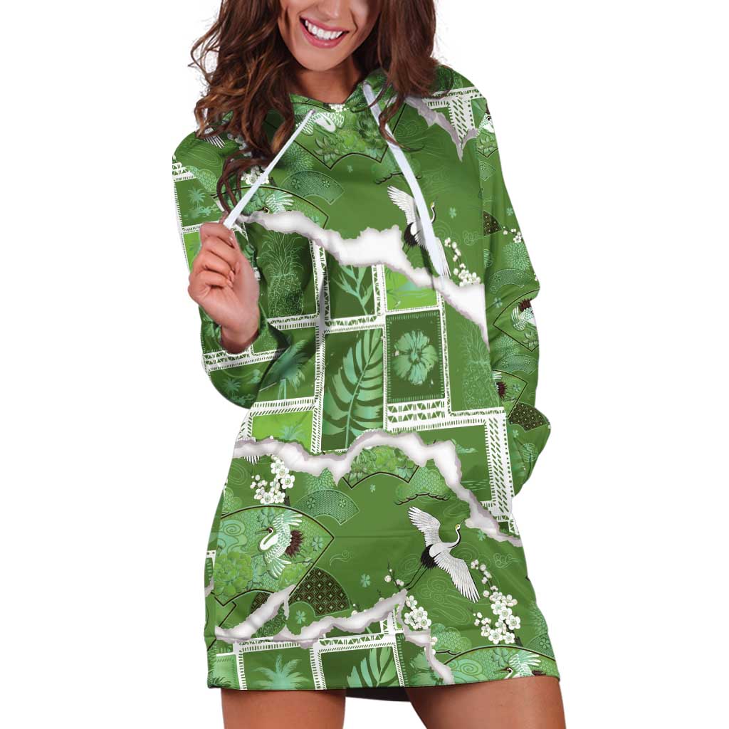 Hawaii Japanese Culture Sage Green Hoodie Dress Spring Cranes Aloha Pattern LT01 Sage - Polynesian Pride