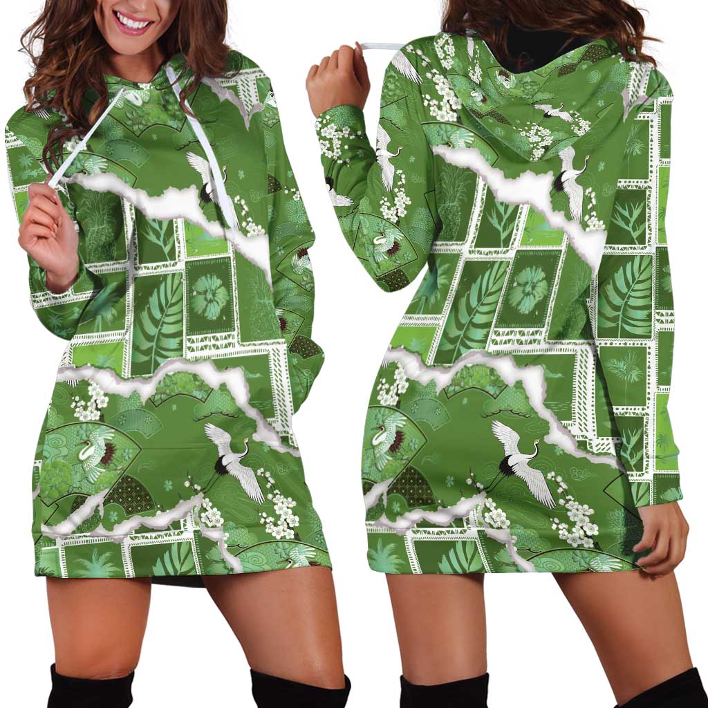 Hawaii Japanese Culture Sage Green Hoodie Dress Spring Cranes Aloha Pattern LT01 - Polynesian Pride