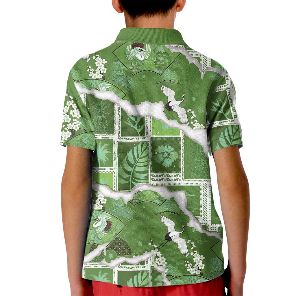 Hawaii Japanese Culture Sage Green Kid Polo Shirt Spring Cranes Aloha Pattern