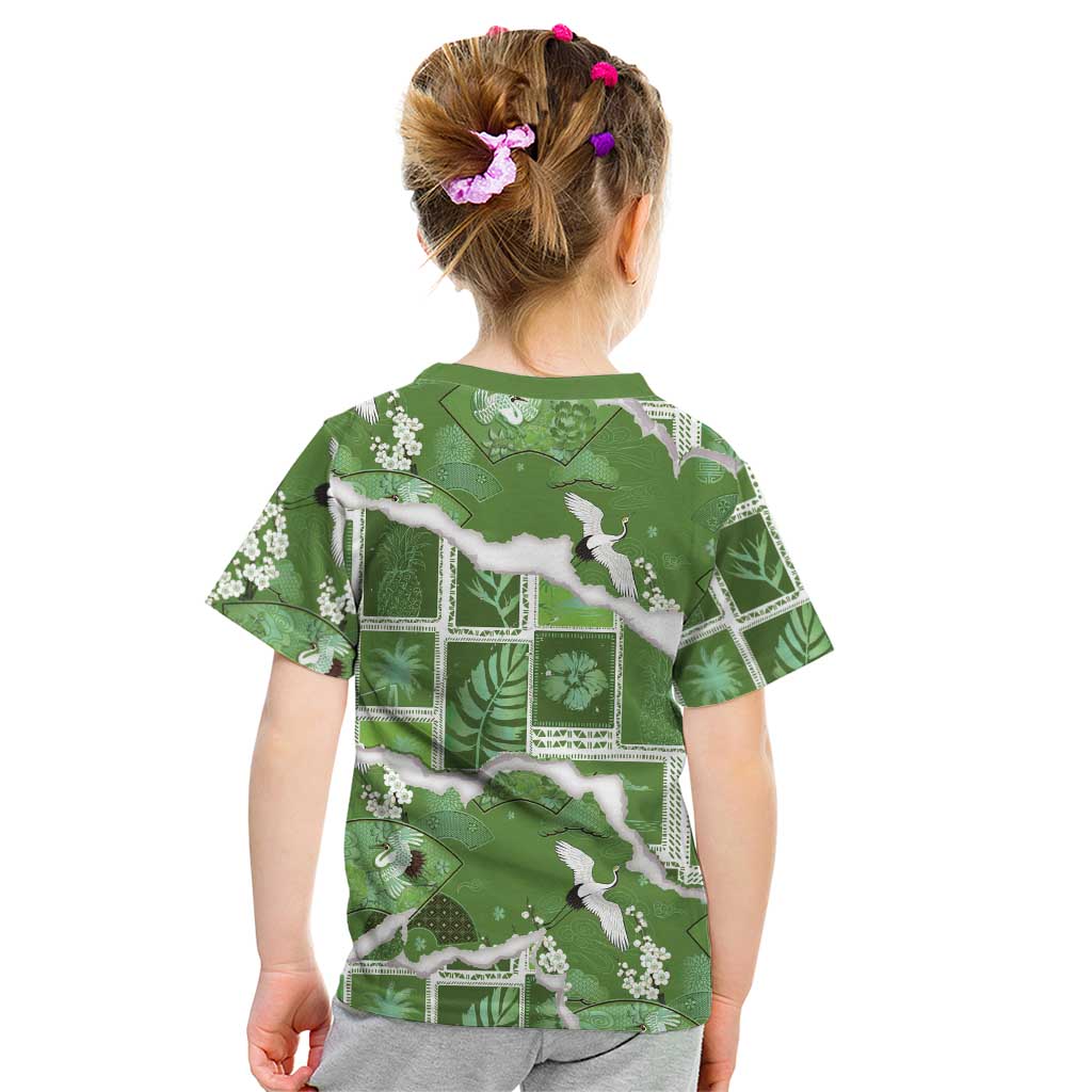 Hawaii Japanese Culture Sage Green Kid T Shirt Spring Cranes Aloha Pattern LT01 - Polynesian Pride