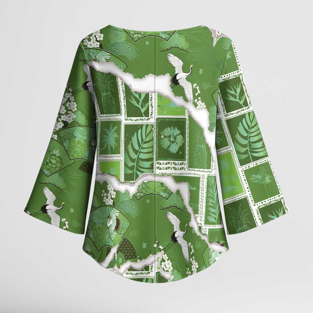 Hawaii Japanese Culture Sage Green Kimono Sleeve Blouse Spring Cranes Aloha Pattern LT01 - Polynesian Pride