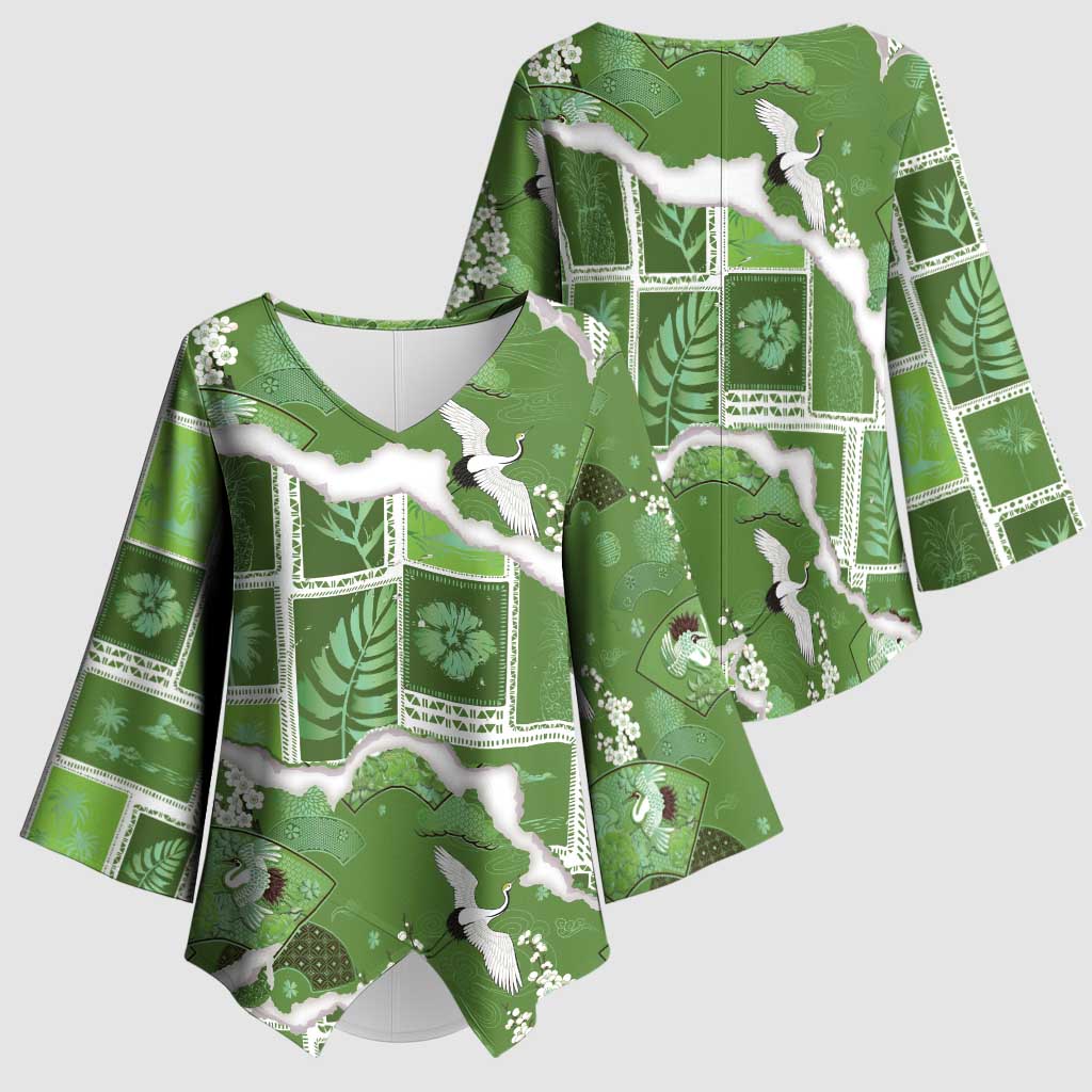 Hawaii Japanese Culture Sage Green Kimono Sleeve Blouse Spring Cranes Aloha Pattern LT01 - Polynesian Pride