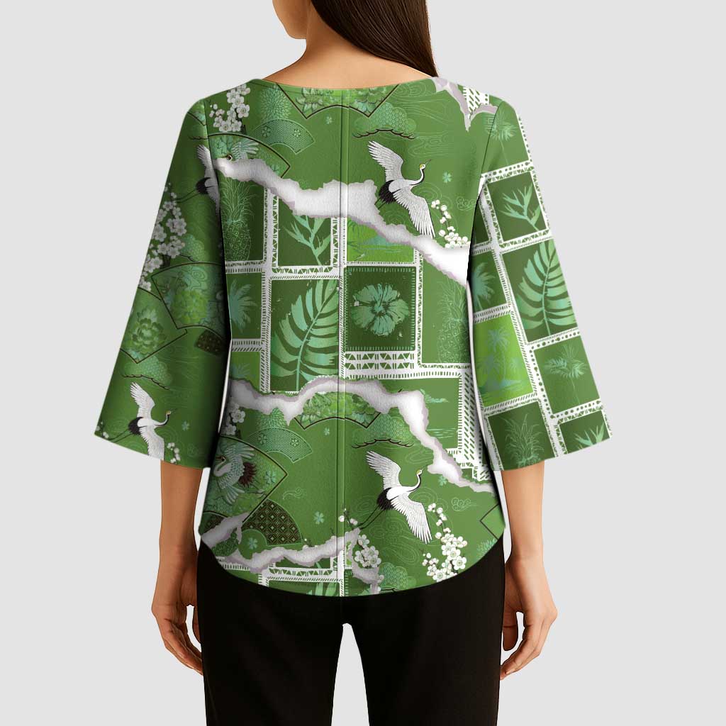 Hawaii Japanese Culture Sage Green Kimono Sleeve Blouse Spring Cranes Aloha Pattern LT01 - Polynesian Pride