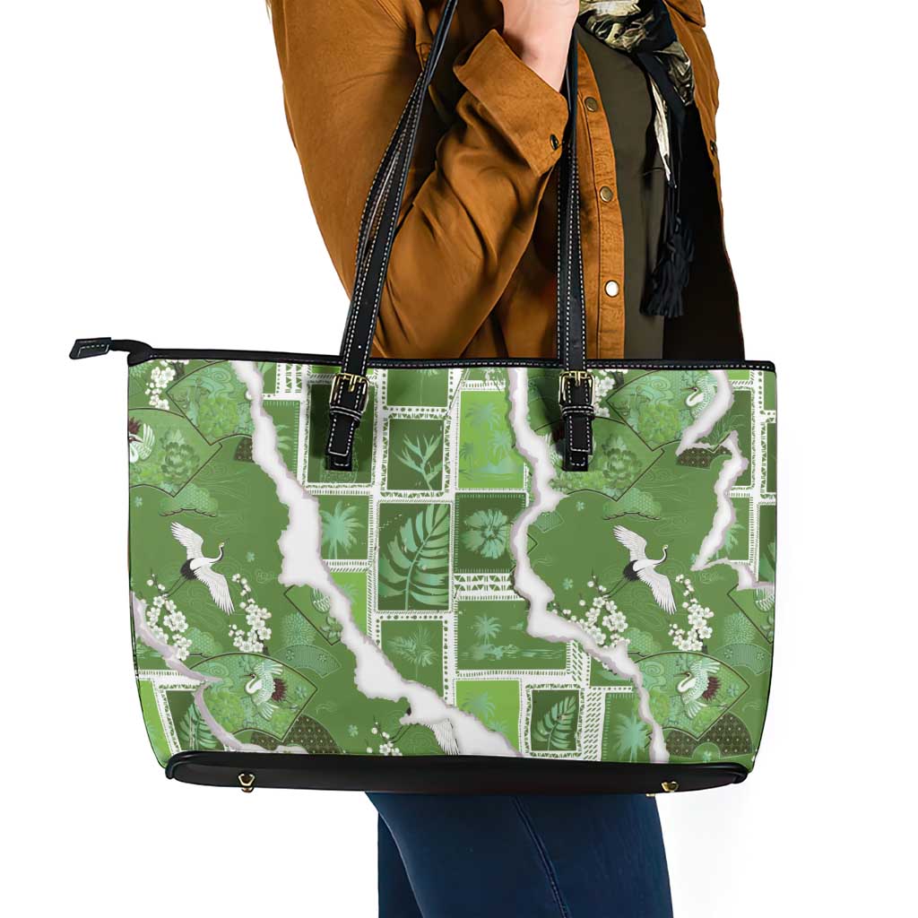 Hawaii Japanese Culture Sage Green Leather Tote Bag Spring Cranes Aloha Pattern LT01 - Polynesian Pride