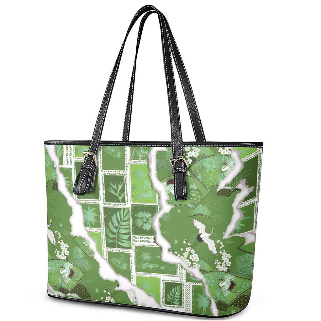 Hawaii Japanese Culture Sage Green Leather Tote Bag Spring Cranes Aloha Pattern LT01 - Polynesian Pride