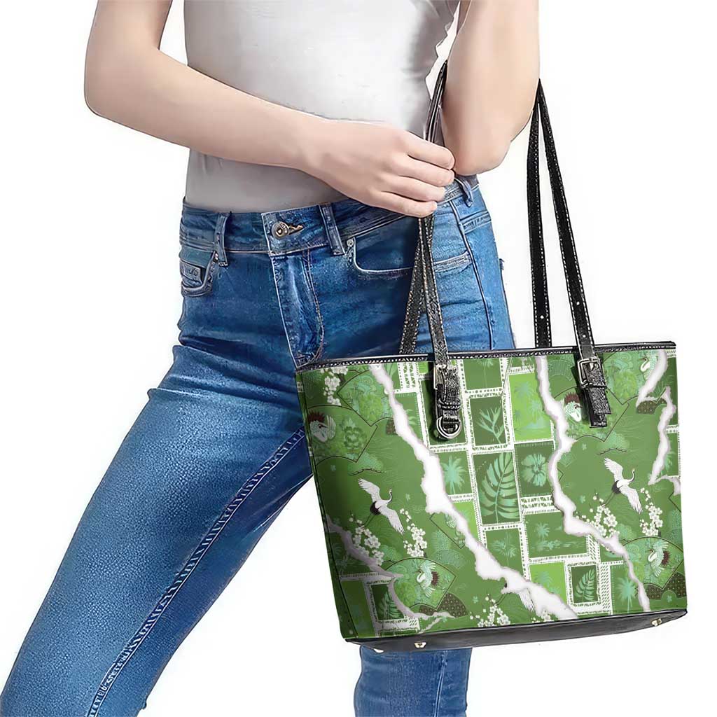 Hawaii Japanese Culture Sage Green Leather Tote Bag Spring Cranes Aloha Pattern LT01 - Polynesian Pride