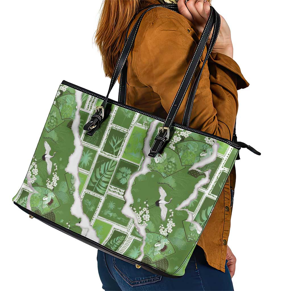 Hawaii Japanese Culture Sage Green Leather Tote Bag Spring Cranes Aloha Pattern LT01 - Polynesian Pride