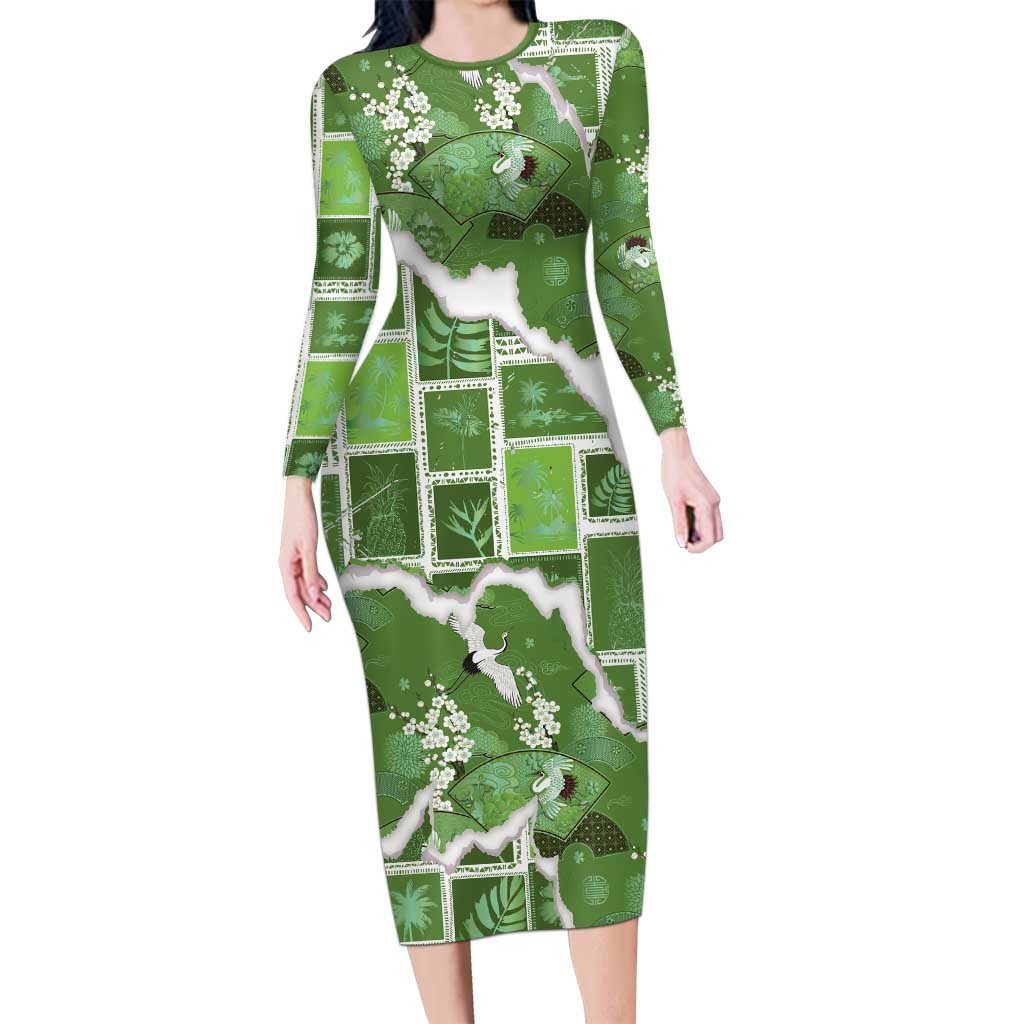 Hawaii Japanese Culture Sage Green Long Sleeve Bodycon Dress Spring Cranes Aloha Pattern LT01 Long Dress Sage - Polynesian Pride