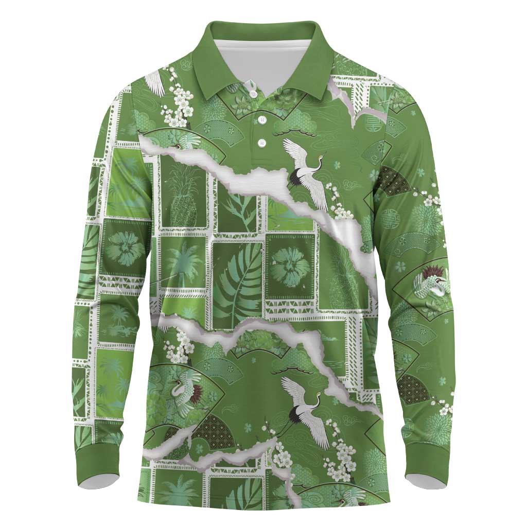 Hawaii Japanese Culture Sage Green Long Sleeve Polo Shirt Spring Cranes Aloha Pattern LT01 Sage - Polynesian Pride