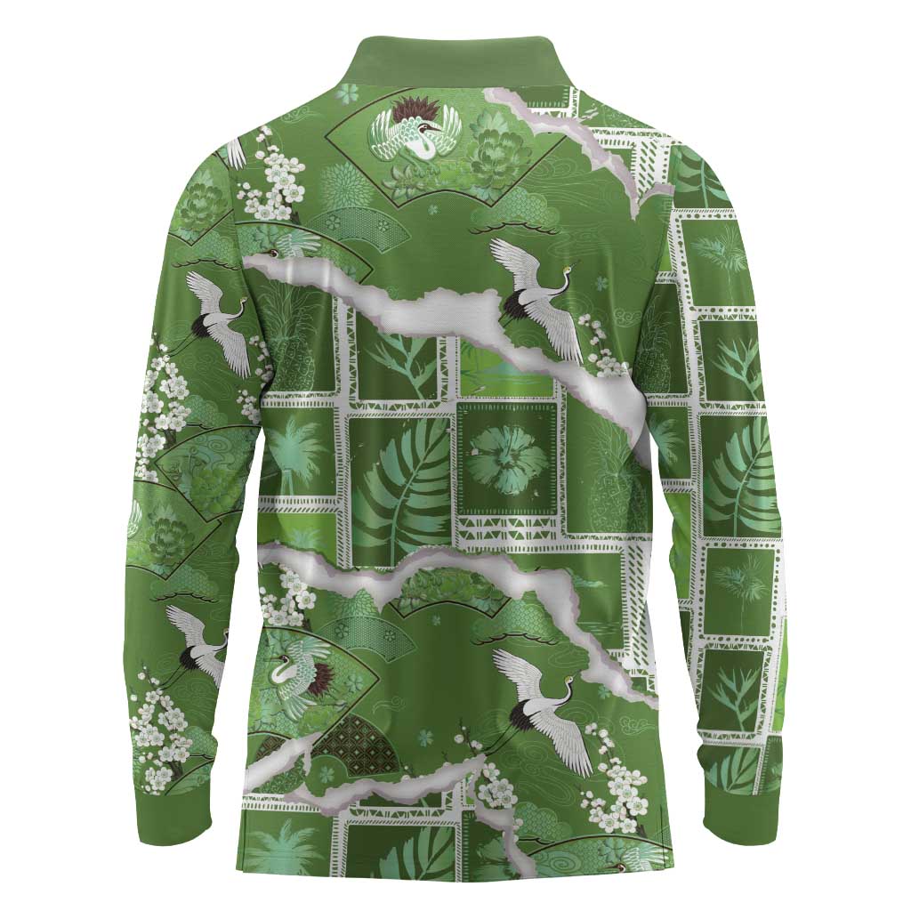 Hawaii Japanese Culture Sage Green Long Sleeve Polo Shirt Spring Cranes Aloha Pattern LT01 - Polynesian Pride