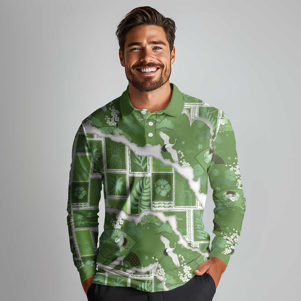 Hawaii Japanese Culture Sage Green Long Sleeve Polo Shirt Spring Cranes Aloha Pattern LT01 - Polynesian Pride