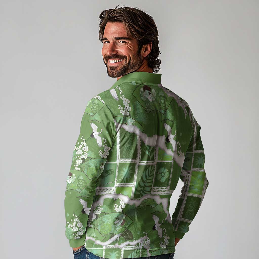 Hawaii Japanese Culture Sage Green Long Sleeve Polo Shirt Spring Cranes Aloha Pattern LT01 - Polynesian Pride