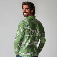 Hawaii Japanese Culture Sage Green Long Sleeve Polo Shirt Spring Cranes Aloha Pattern LT01 - Polynesian Pride