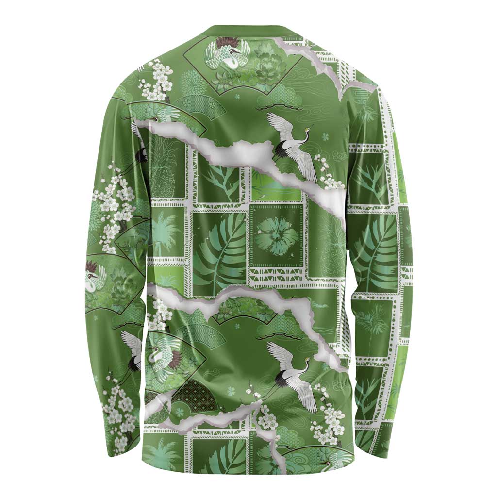 Hawaii Japanese Culture Sage Green Long Sleeve Shirt Spring Cranes Aloha Pattern LT01 - Polynesian Pride