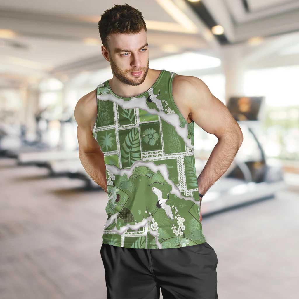 Hawaii Japanese Culture Sage Green Men Tank Top Spring Cranes Aloha Pattern LT01 Sage - Polynesian Pride