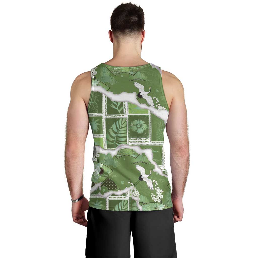 Hawaii Japanese Culture Sage Green Men Tank Top Spring Cranes Aloha Pattern LT01 - Polynesian Pride