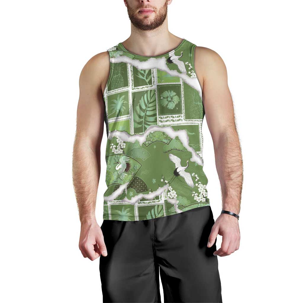 Hawaii Japanese Culture Sage Green Men Tank Top Spring Cranes Aloha Pattern LT01 - Polynesian Pride