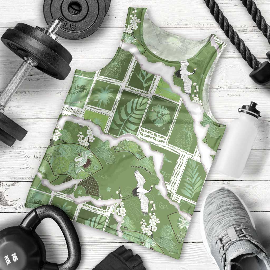 Hawaii Japanese Culture Sage Green Men Tank Top Spring Cranes Aloha Pattern LT01 - Polynesian Pride