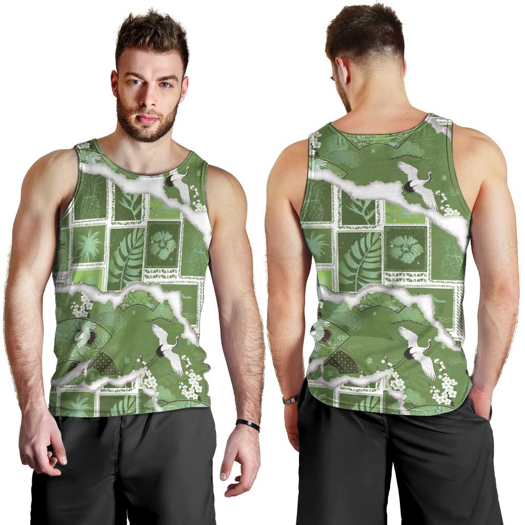 Hawaii Japanese Culture Sage Green Men Tank Top Spring Cranes Aloha Pattern LT01 - Polynesian Pride