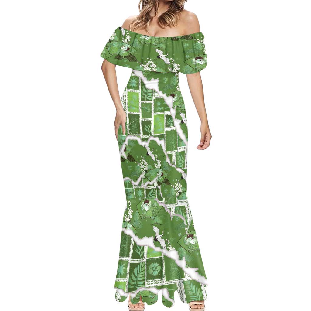 Hawaii Japanese Culture Sage Green Mermaid Dress Spring Cranes Aloha Pattern LT01 - Polynesian Pride