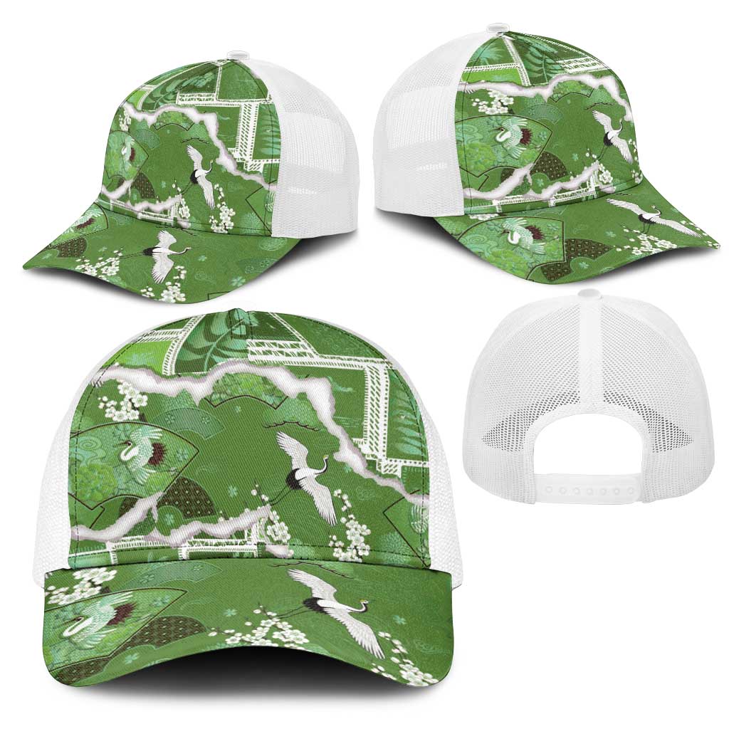 Hawaii Japanese Culture Sage Green Mesh Trucker Cap Spring Cranes Aloha Pattern LT01 - Polynesian Pride