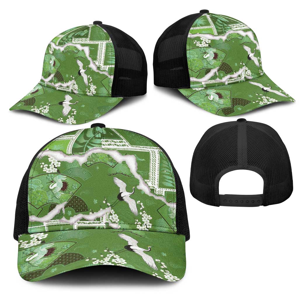 Hawaii Japanese Culture Sage Green Mesh Trucker Cap Spring Cranes Aloha Pattern LT01 - Polynesian Pride