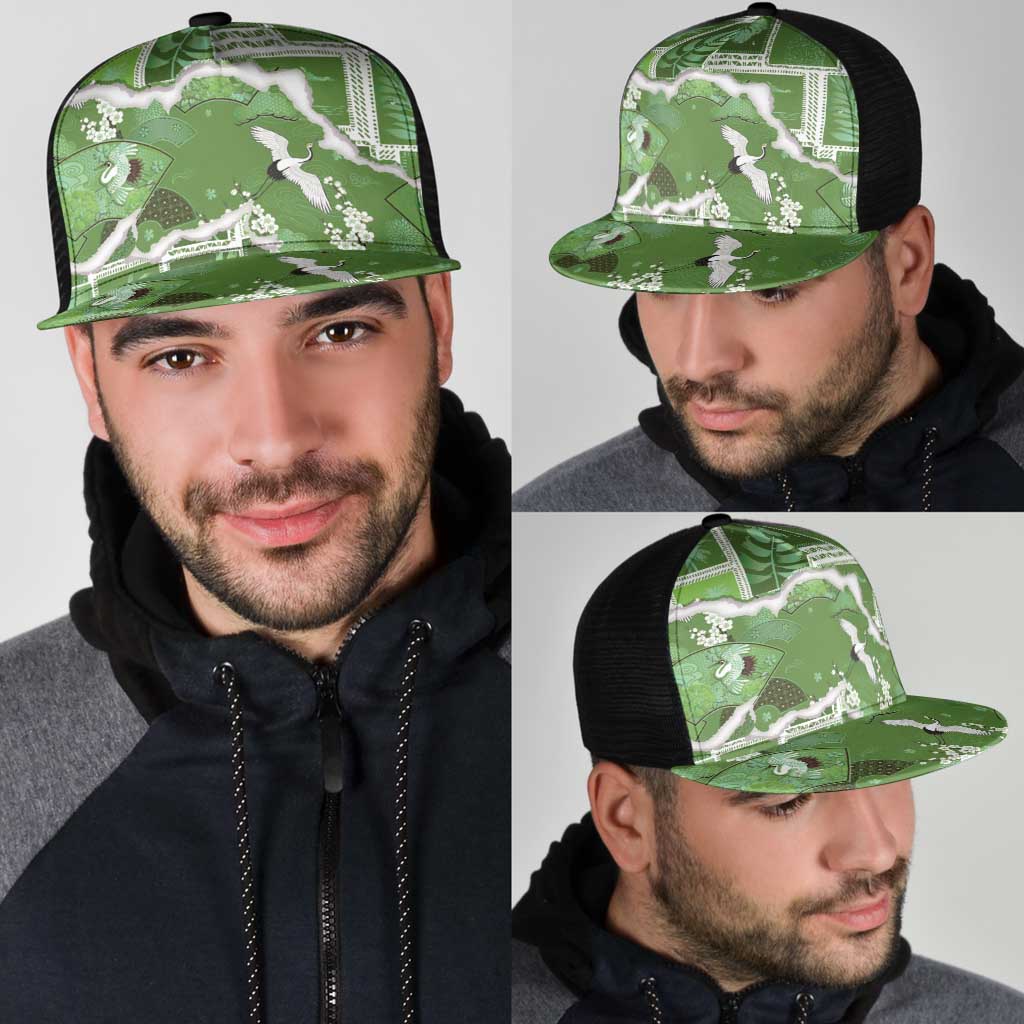 Hawaii Japanese Culture Sage Green Mesh Trucker Cap Spring Cranes Aloha Pattern LT01 - Polynesian Pride
