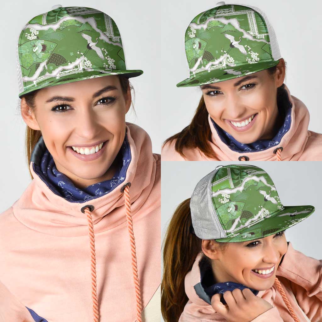 Hawaii Japanese Culture Sage Green Mesh Trucker Cap Spring Cranes Aloha Pattern LT01 - Polynesian Pride