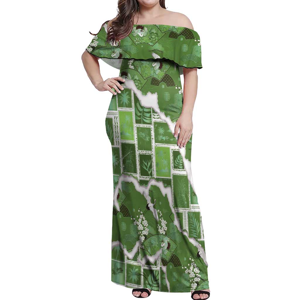 Hawaii Japanese Culture Sage Green Off Shoulder Maxi Dress Spring Cranes Aloha Pattern