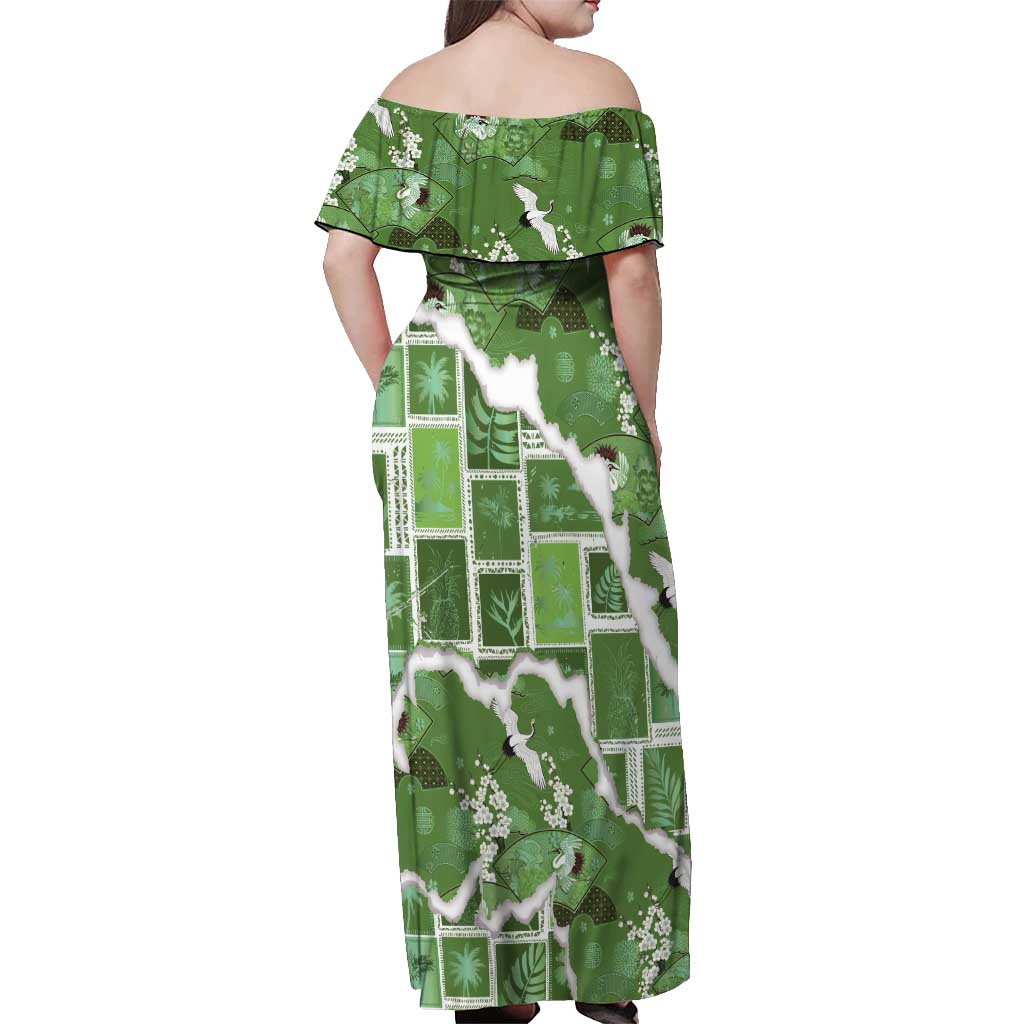 Hawaii Japanese Culture Sage Green Off Shoulder Maxi Dress Spring Cranes Aloha Pattern