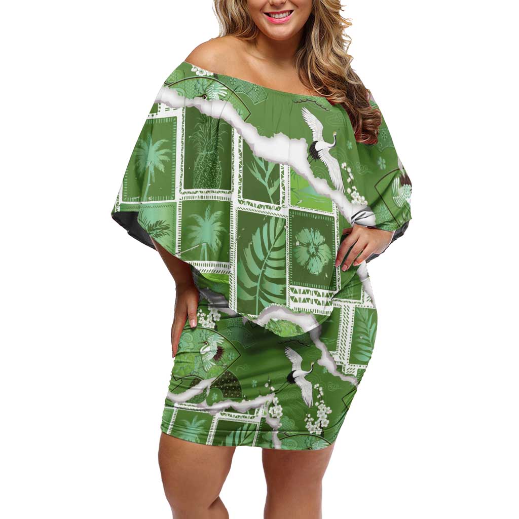 Hawaii Japanese Culture Sage Green Off Shoulder Short Dress Spring Cranes Aloha Pattern