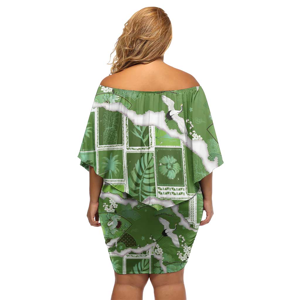 Hawaii Japanese Culture Sage Green Off Shoulder Short Dress Spring Cranes Aloha Pattern LT01 - Polynesian Pride