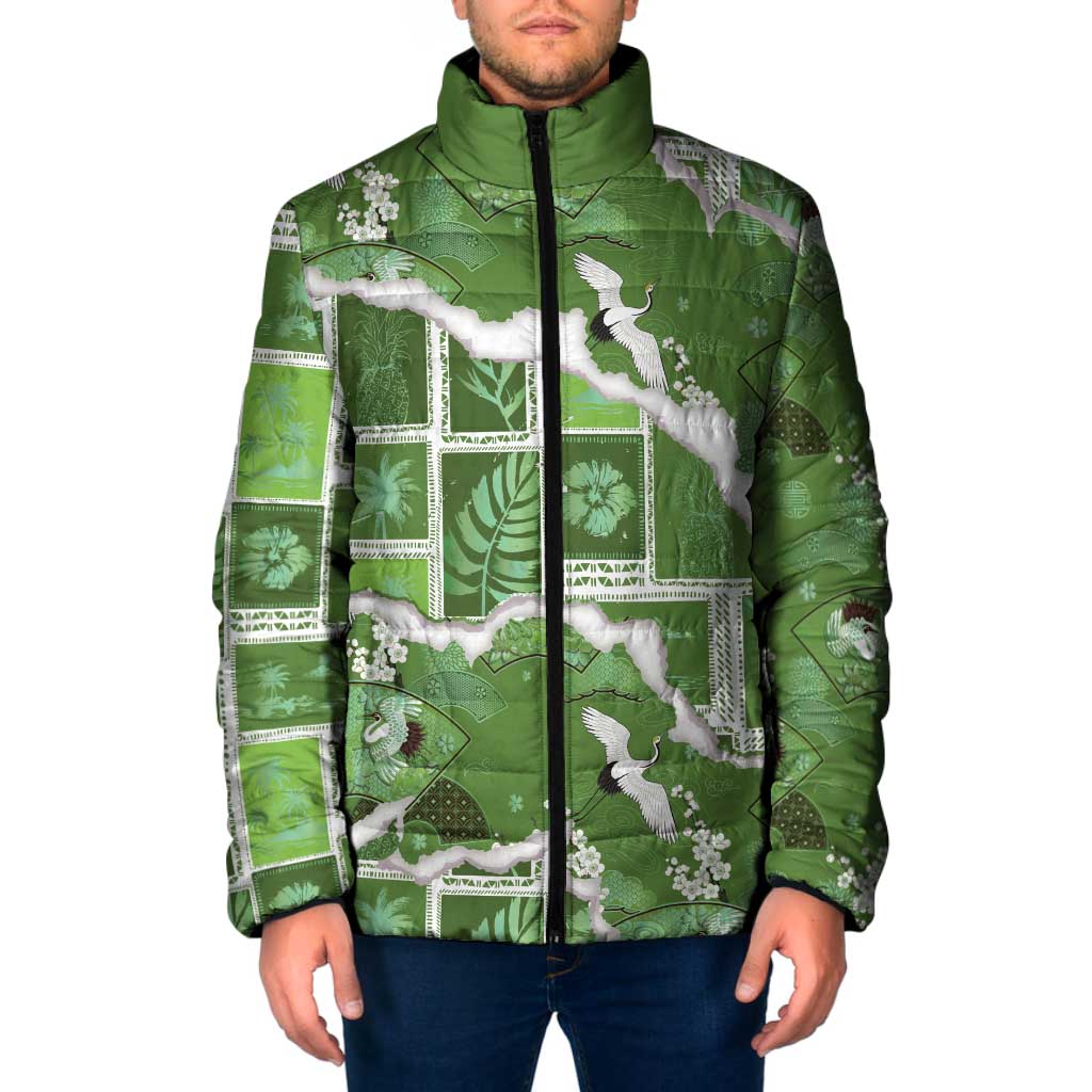 Hawaii Japanese Culture Sage Green Padded Jacket Spring Cranes Aloha Pattern LT01 Men Sage - Polynesian Pride