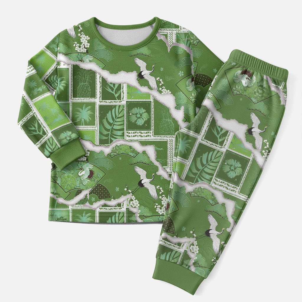 Hawaii Japanese Culture Sage Green Christmas Pajama Set Spring Cranes Aloha Pattern