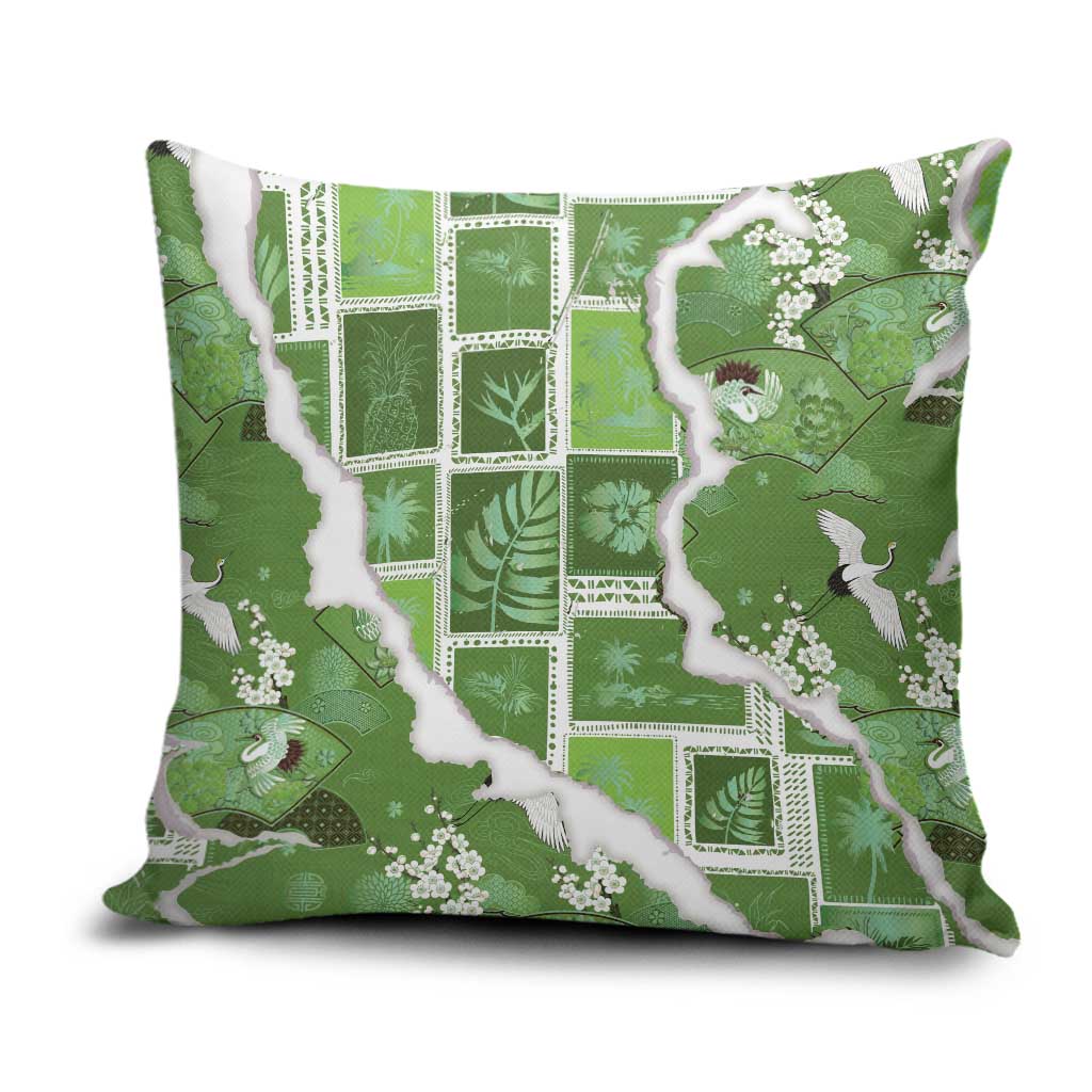 Hawaii Japanese Culture Sage Green Pillow Cover Spring Cranes Aloha Pattern LT01 Sage - Polynesian Pride