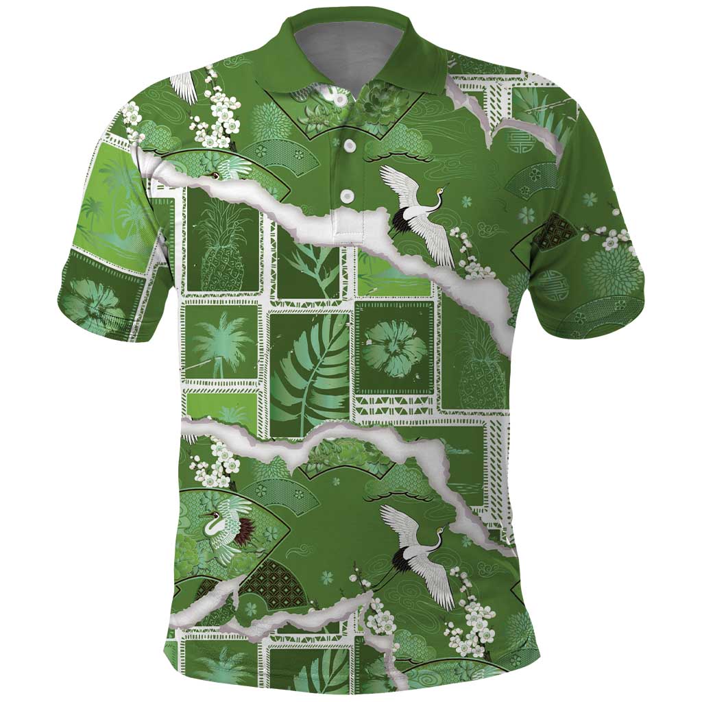 Hawaii Japanese Culture Sage Green Polo Shirt Spring Cranes Aloha Pattern LT01 Sage - Polynesian Pride