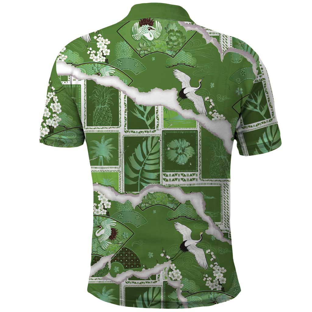 Hawaii Japanese Culture Sage Green Polo Shirt Spring Cranes Aloha Pattern LT01 - Polynesian Pride
