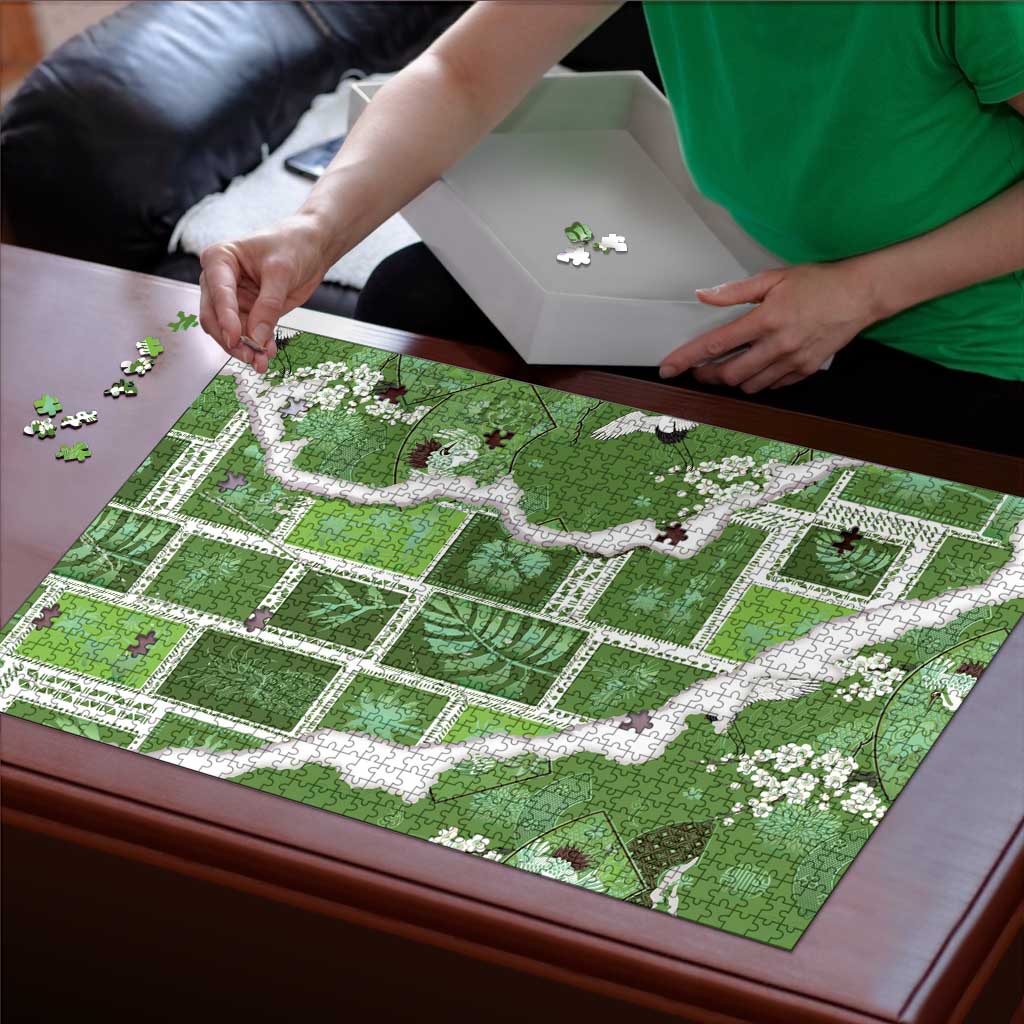 Hawaii Japanese Culture Sage Green Puzzle Spring Cranes Aloha Pattern