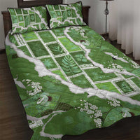 Hawaii Japanese Culture Sage Green Quilt Bed Set Spring Cranes Aloha Pattern