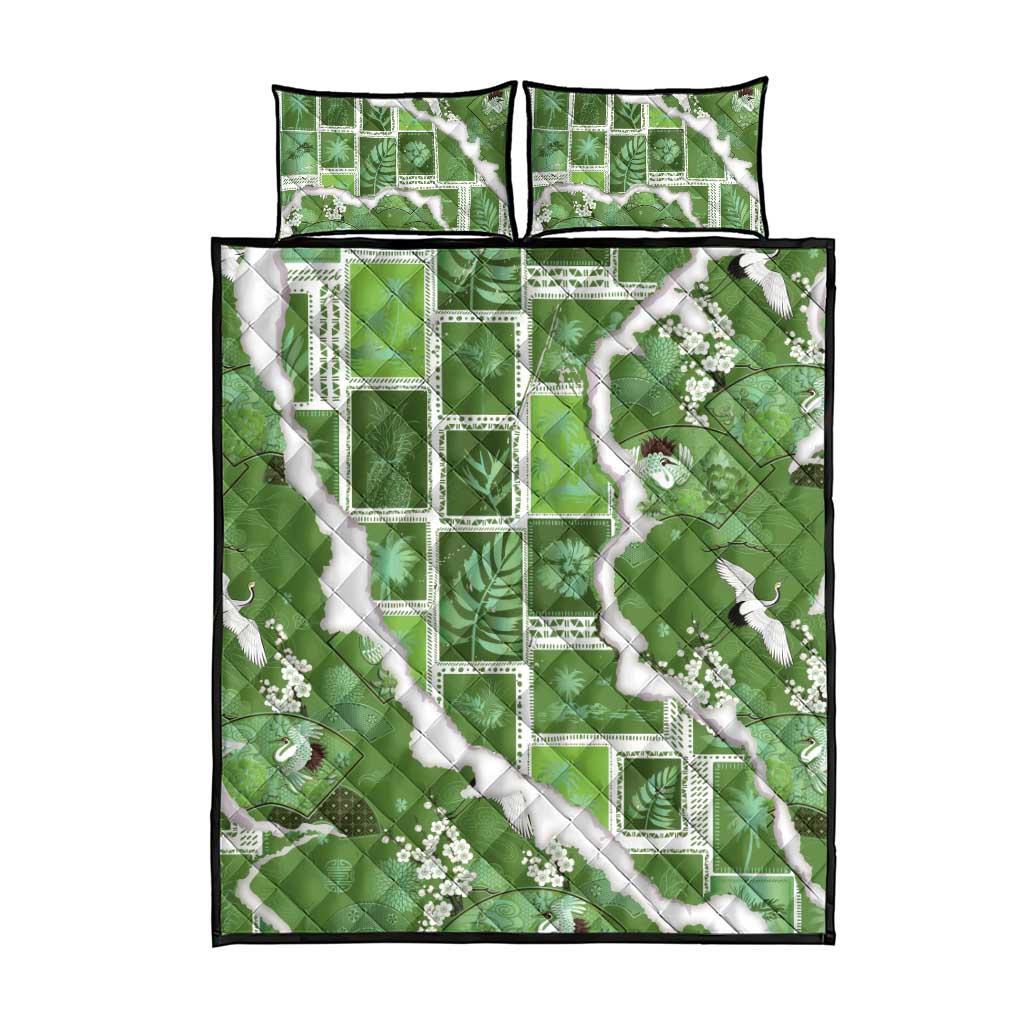 Hawaii Japanese Culture Sage Green Quilt Bed Set Spring Cranes Aloha Pattern