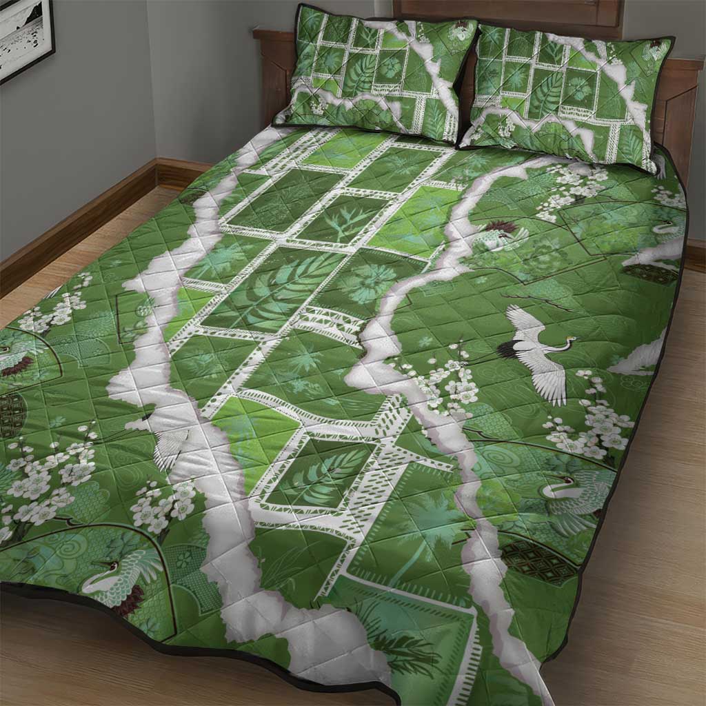 Hawaii Japanese Culture Sage Green Quilt Bed Set Spring Cranes Aloha Pattern