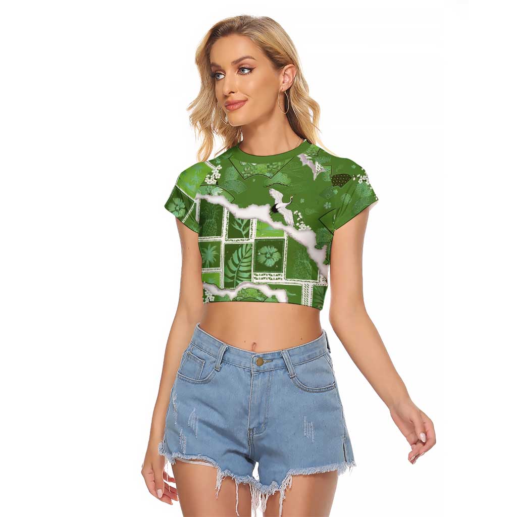 Hawaii Japanese Culture Sage Green Raglan Cropped T Shirt Spring Cranes Aloha Pattern LT01 Female Sage - Polynesian Pride