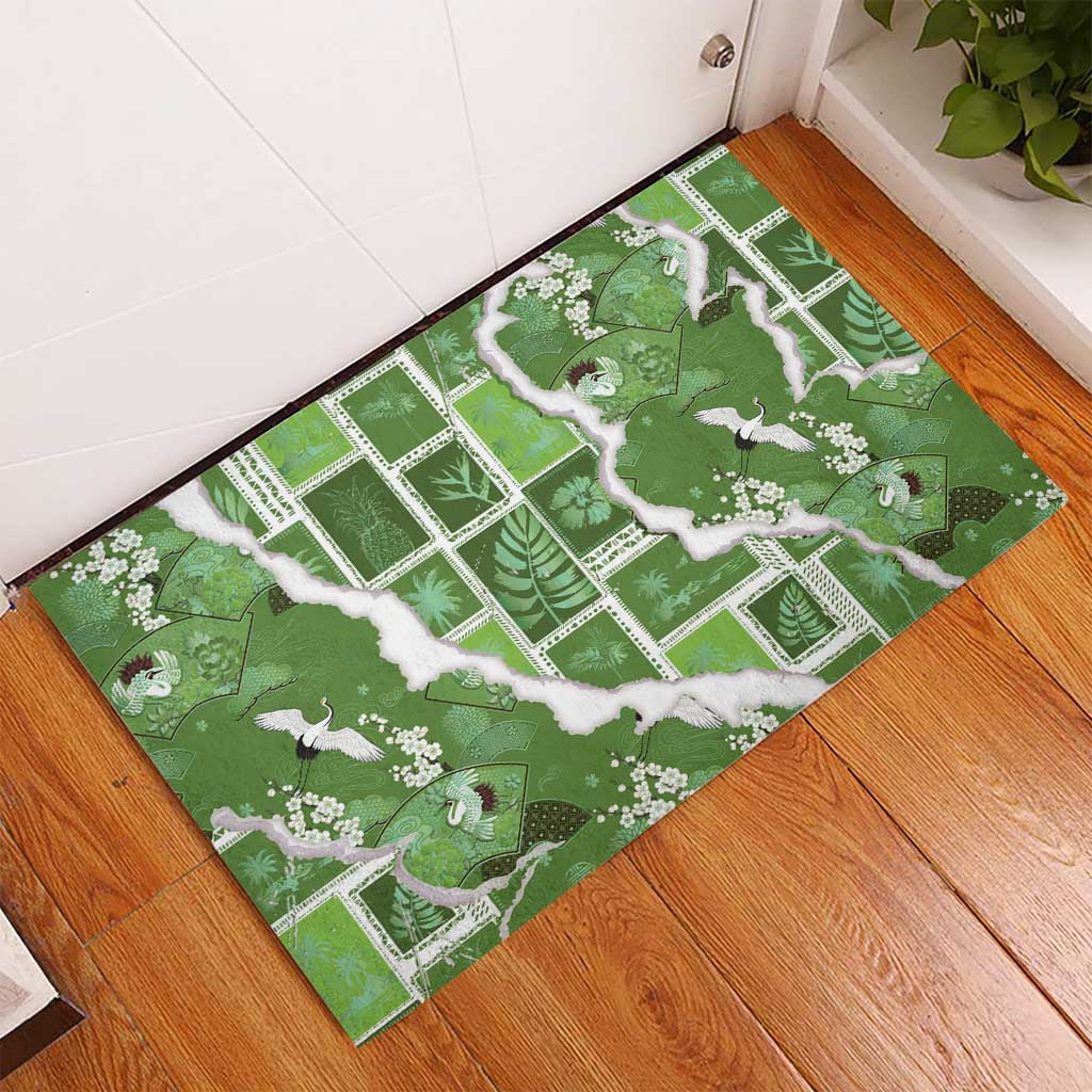 Hawaii Japanese Culture Sage Green Rubber Doormat Spring Cranes Aloha Pattern LT01 - Polynesian Pride