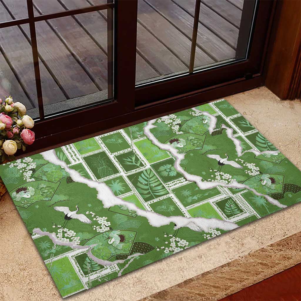 Hawaii Japanese Culture Sage Green Rubber Doormat Spring Cranes Aloha Pattern LT01 - Polynesian Pride