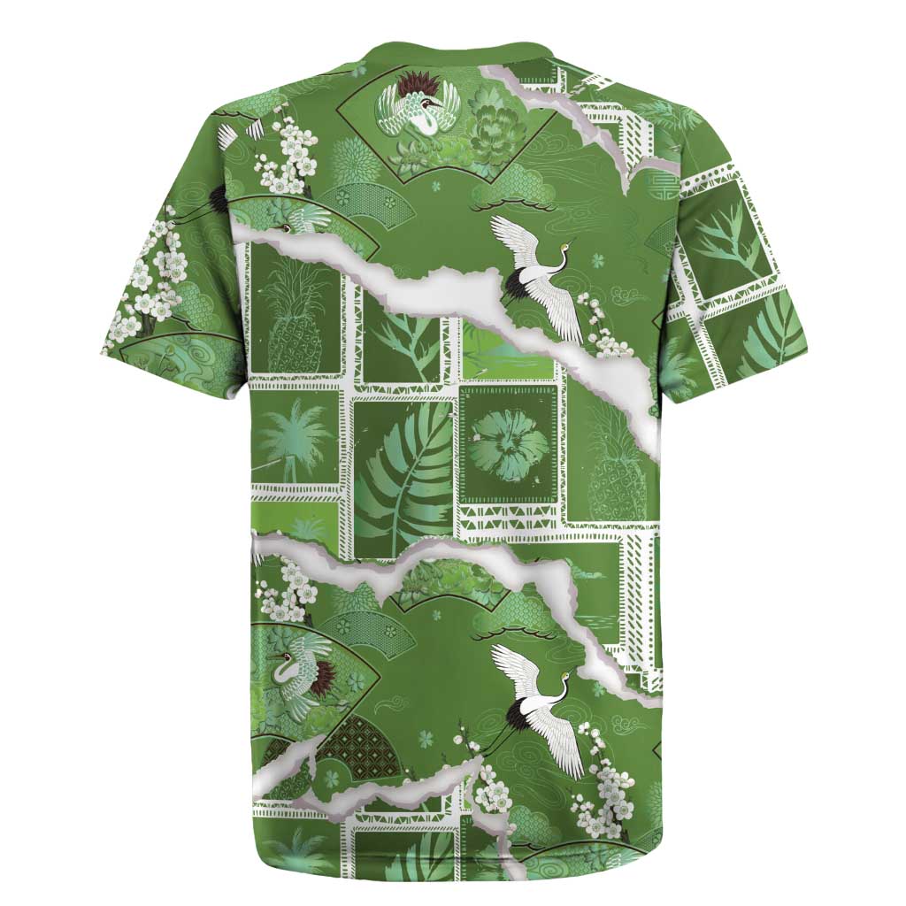 Hawaii Japanese Culture Sage Green Rugby Jersey Spring Cranes Aloha Pattern LT01 - Polynesian Pride