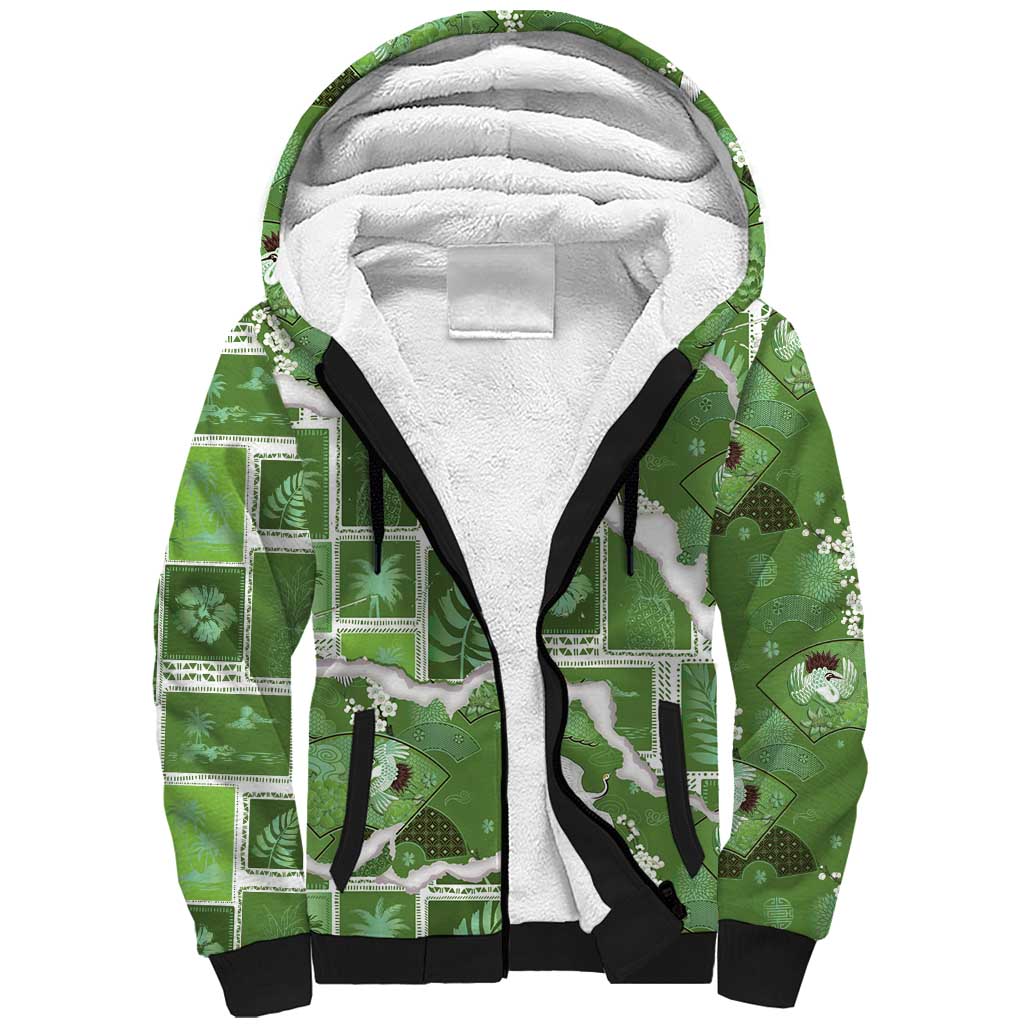 Hawaii Japanese Culture Sage Green Sherpa Hoodie Spring Cranes Aloha Pattern