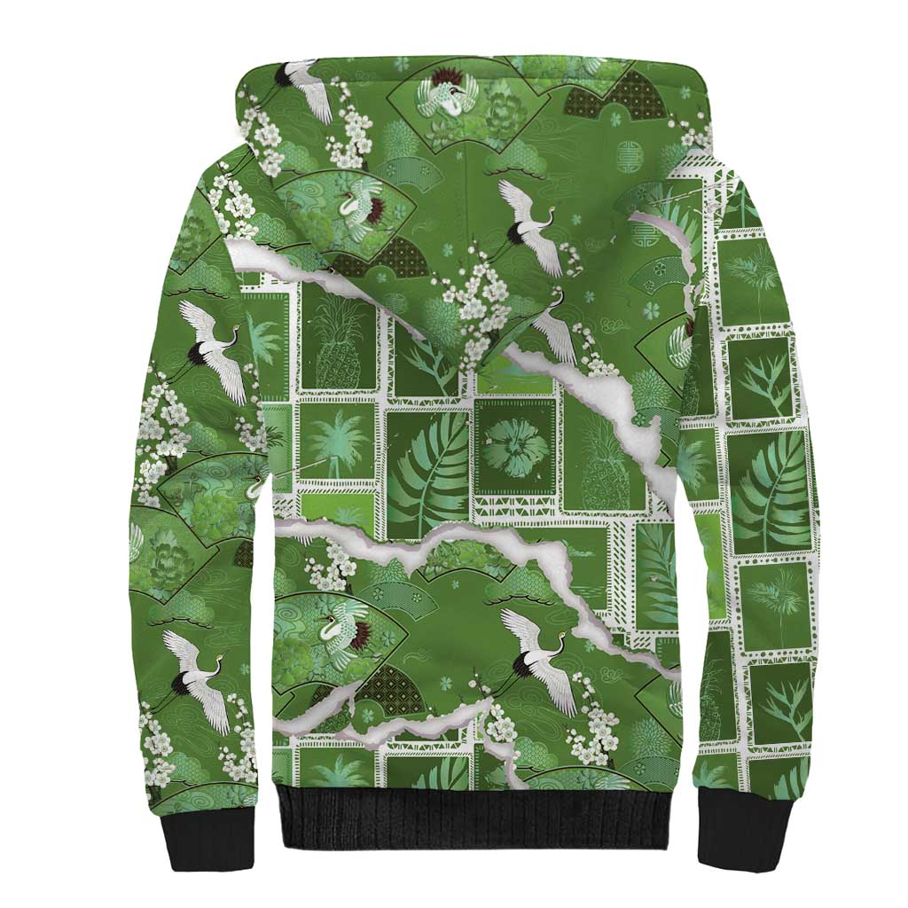 Hawaii Japanese Culture Sage Green Sherpa Hoodie Spring Cranes Aloha Pattern